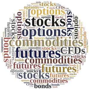 Different types of financial instruments. Investing in commodities stocks options futures or bonds.